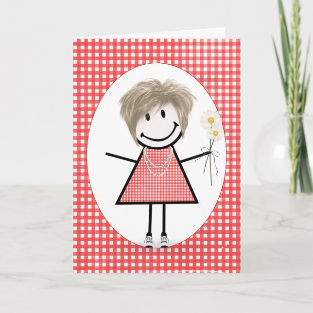 Födelsedagsstickfigur tjej på röd gingham kort (Framsida)