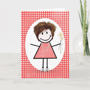 Födelsedagsstickfigur tjej på rödrutig kort
