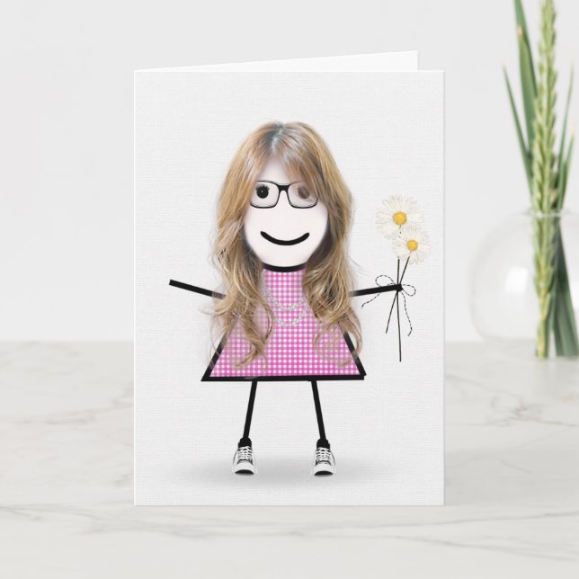 Födelsedagsstickflicka i Gingham med prästkragar Kort (Framsida)