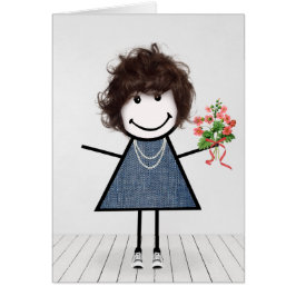 Födelsedagsstickflicka med blomsterbukett hälsningskort