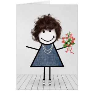 Födelsedagsstickflicka med blomsterbukett hälsningskort