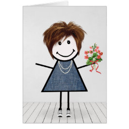 Födelsedagsstickflicka med blomsterbukett hälsningskort