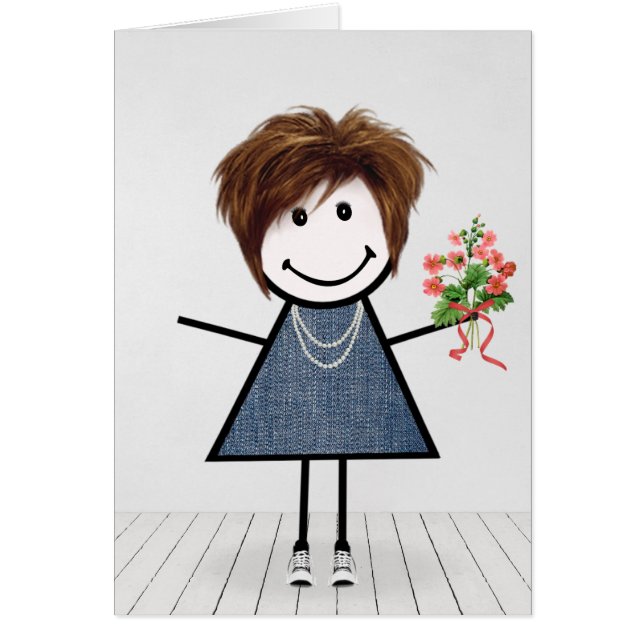 Födelsedagsstickflicka med blomsterbukett hälsningskort (Framsidan)