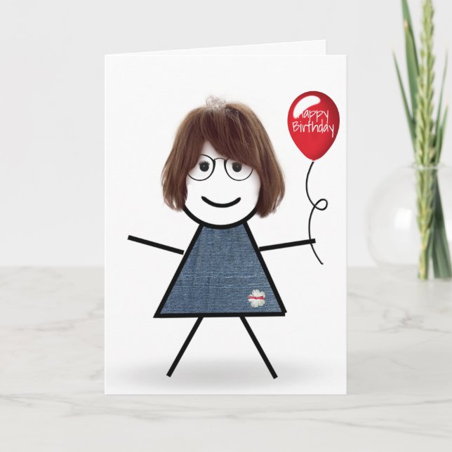 Födelsedagsstickflicka med röd ballong kort (Framsida)