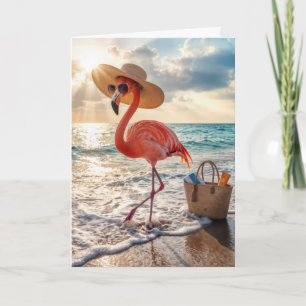 Födelsedagsstrandflamingo med solglasögon kort