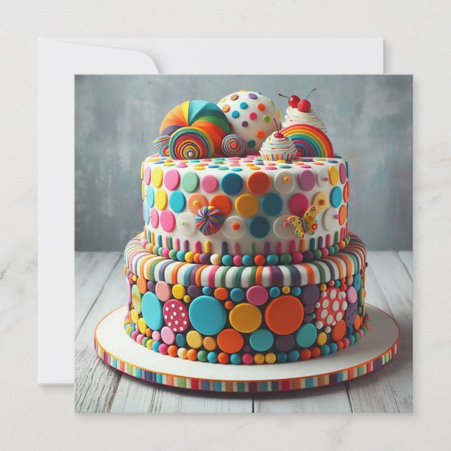 FÖDELSEDAGSTÅRTA FÖR BARN FÄRGGLADA FESTLIGA PRICK KORT (Framsida)