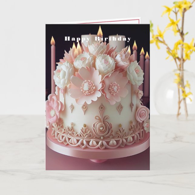 Födelsedagstårta med rosa ljus och blommor  kort (Gul blomma)