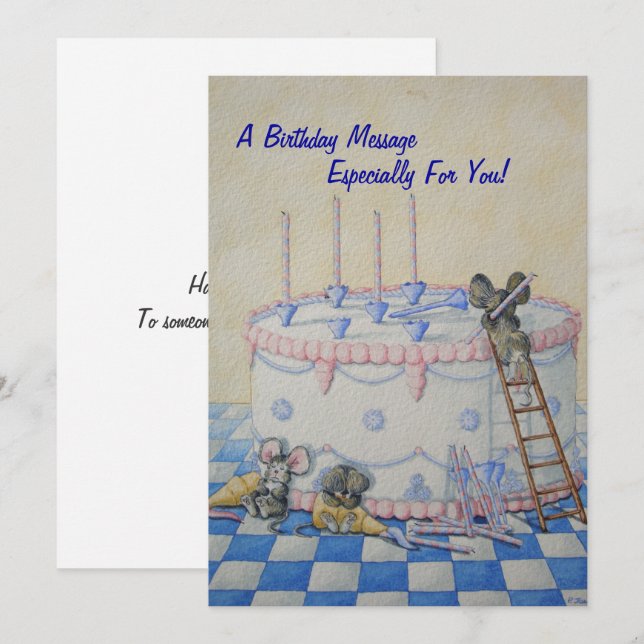 födelsedagstårta med sött kort för små möss (Fram/baksida)