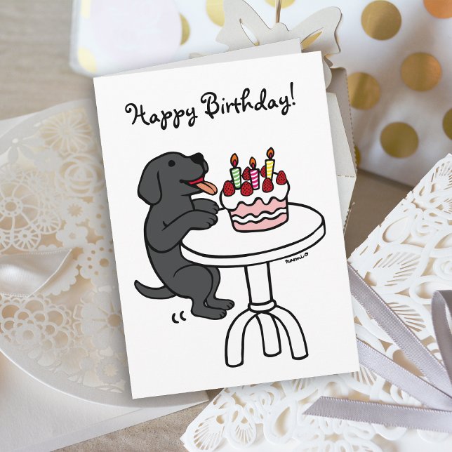 Födelsedagstårta Svart Labrador Cartoon Enkel Kort (Birthday Cake Black Labrador Cartoon Birthday Card with plain white background for dog lovers.)