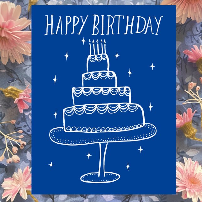Födelsedagstårta Whimsical Sketch Doodle  Vykort (Happy Birthday Cake Whimsical Sketch Doodle Blue White Postcard
)