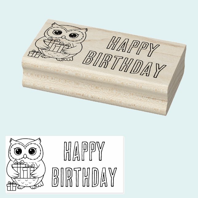 Födelsedagsuggla med presenter Trästämpel Stämpel (Happy birthday owl with gifts wooden art stamp.)