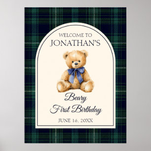 Födelsedagsväxkomst med teddybjörn i blå slinga poster
