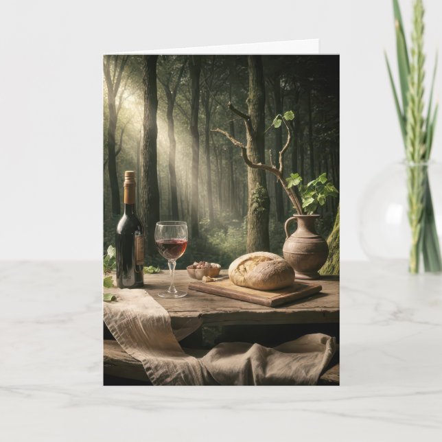 Födelsedagsvin och bröd på skogsbord kort (Framsida)