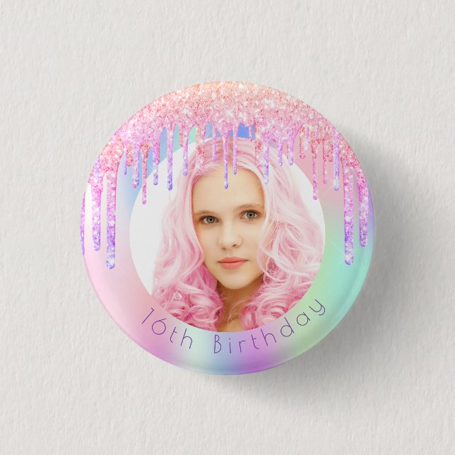 Födelsedans regnbåge glitter droppar anpassningsba knapp (Framsida)