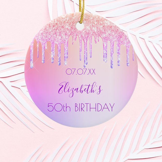 Födelsedans regnbåge glitter rosa lila 50 gnistra julgransprydnad keramik (Skapare uppladdad)