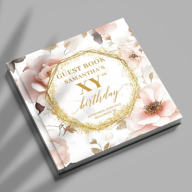 Födelsedatum för kvinnlig damm i rosa guld gästböcker (Feminine dusty pink ivory gold birthday event Guest Book)