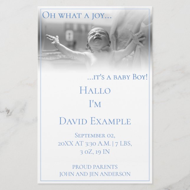 Födelsedatum och annonskort med baby brevpapper (Framsida)