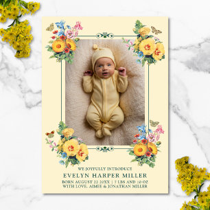 Födelsedatum: Vintage Flowers Yellow Card Meddelande
