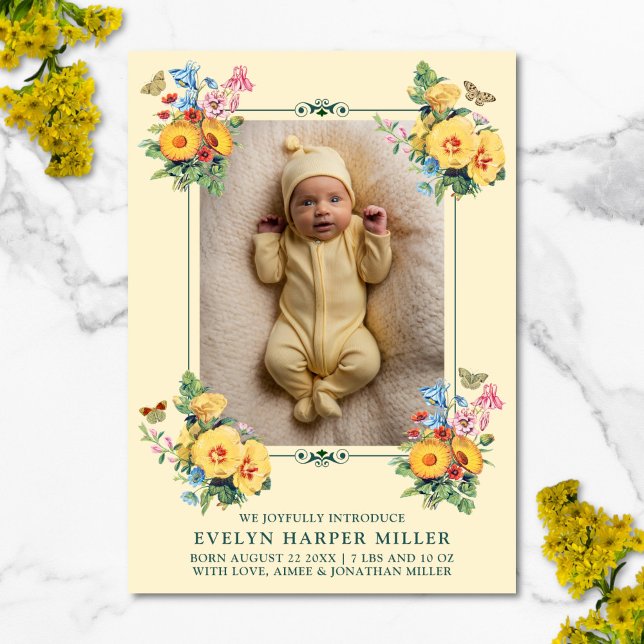 Födelsedatum: Vintage Flowers Yellow Card Meddelande (Vintage floral birth announcement card)
