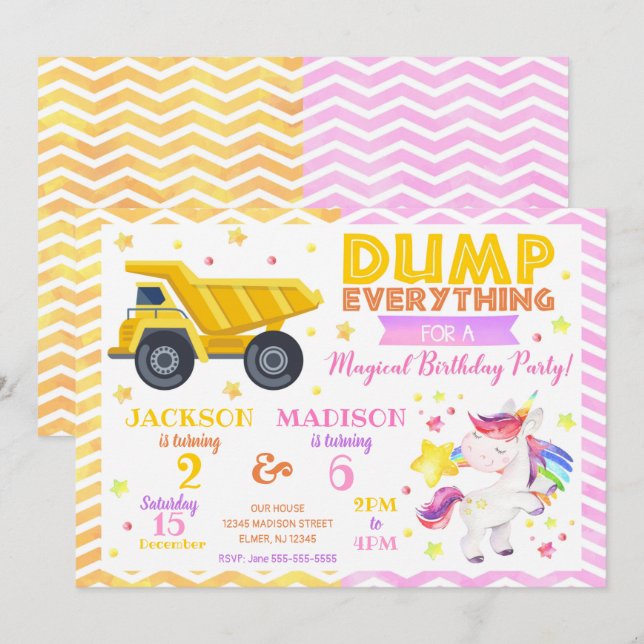 Födelsedinladning för byggtema och enhörning inbjudningar (Fram/baksida)