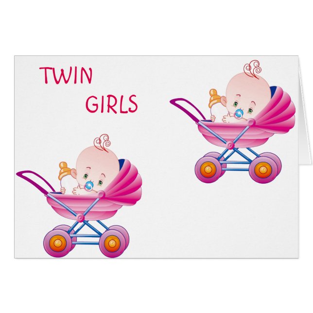 FÖDELSEFORMULÄR ***TVÅ GIRL** I TVÅ ROSA-BUGGIER HÄLSNINGSKORT (Framsidan Horizontal)