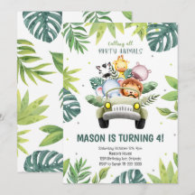 Födelseinbjudan till Safari med Djur i Vattenfärg 