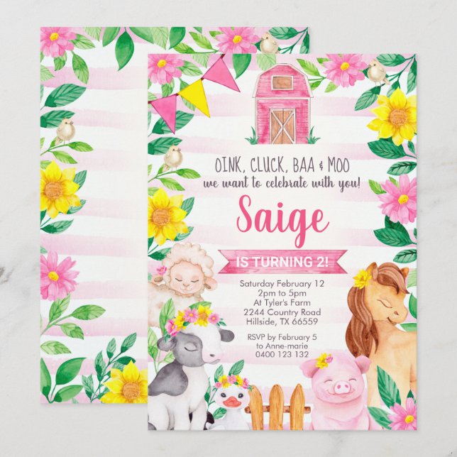 Födelseinvitation för bondgård flicka Bondgårdsinb Inbjudningar (Fram/baksida)
