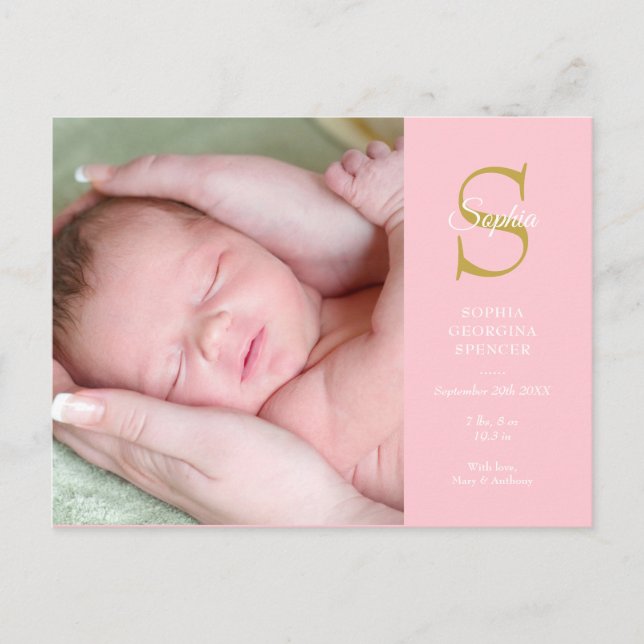 Födelsekort med babys monogram vykort (Framsida)