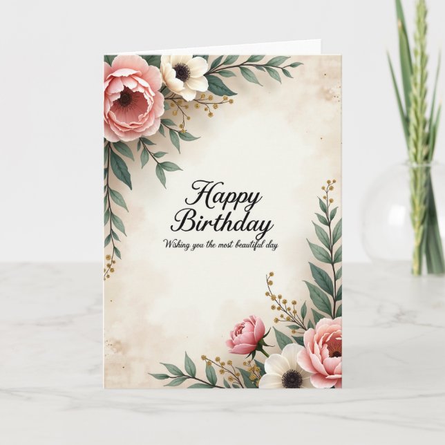 Födelsekort med frodig blomsterdesign kort (Framsida)