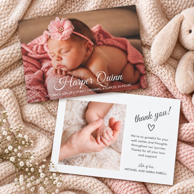 Födelsekort Nyfödd Annonsering Meddelande (Birth announcements with 2 photos, thank you message on the back, PRINTED and/or INSTANT DOWNLOAD)