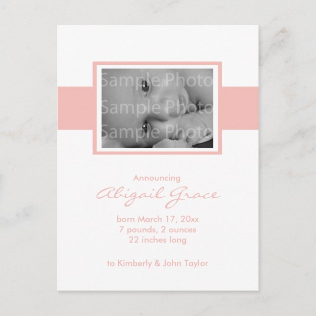 Födelsekungörelse för babyflicka meddelande vykort (Framsida)