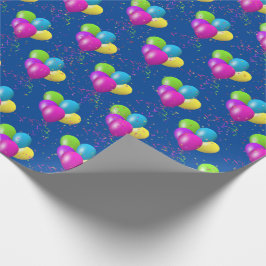 Födelselseballonger med konfetti på blå bakgrund presentpapper
