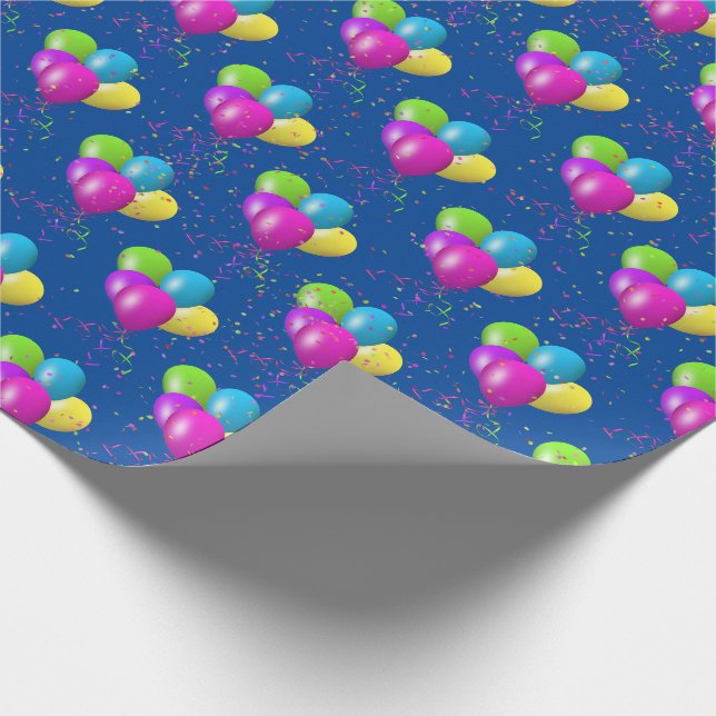 Födelselseballonger med konfetti på blå bakgrund presentpapper (Hörn)