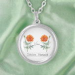 Födelsemånad, blomma oktober Marigold Silverpläterat Halsband<br><div class="desc">Födelsemånadsblomman oktober Marigold necklace med en illustration av en marigold blomma. Under blomman skrivs namn i ett elegant-skript. Under namn är det stater " oktober - Marigold" som anger att ägarens födelsemånad är september och hennes födelseblomma är gladiolus. Det är ett personlig halsband, skräddarsytt som en tankefull gåva till någon...</div>