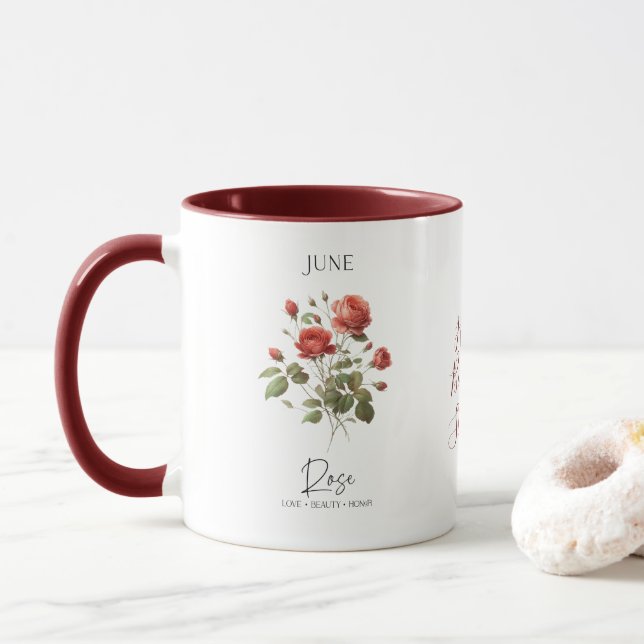 Födelsemånad juni blomma röd ros födelsedagspresen mugg (Med munk)