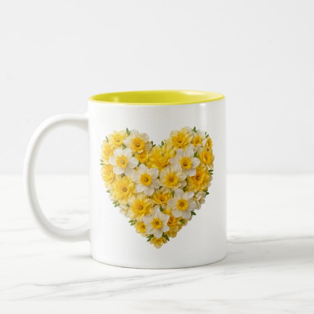 Födelsemånadsblomma för mars - Påsklilja Hjärtform Två-Tonad Mugg (Vänster)