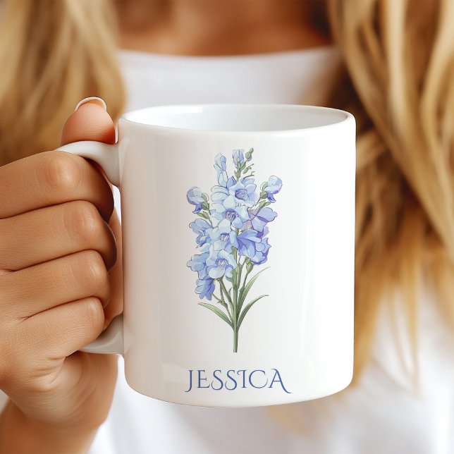 Födelsemånadsblomma Juli Blå Delphinium Kaffemugg (Skapare uppladdad)