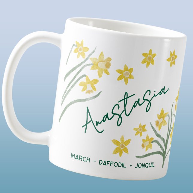 Födelsemansblomma i mars med anpassat namn Narciss Kaffemugg (March birth month flower personalized custom name daffodil jonquil coffee mug)