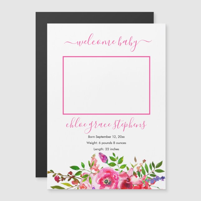 Födelsemeddelande - Boho Rosa Blommigt Flicka (Fram/baksida)