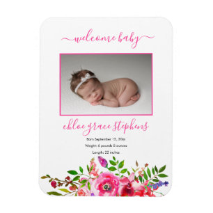 Födelsemeddelande - Boho Rosa Blommigt Flicka Magnet