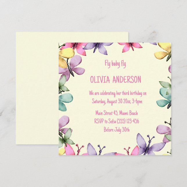 Födelsemeddelande i lycklig, fyrkantig design inbjudningar (Fram/baksida)