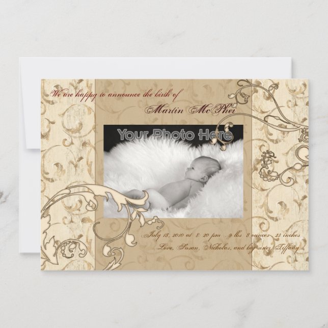 Födelsemeddelande i Swirl vintage baby Meddelande (Framsida)