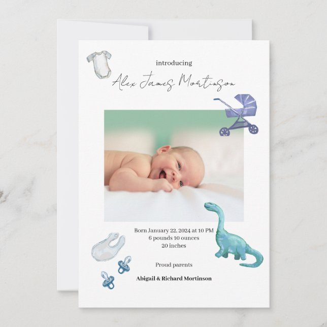 Födelsemeddelande i Watercolor Dino baby Meddelande (Framsida)