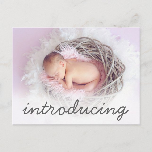 Födelsemeddelande introducerar skriptfoto meddelande vykort (Framsida)