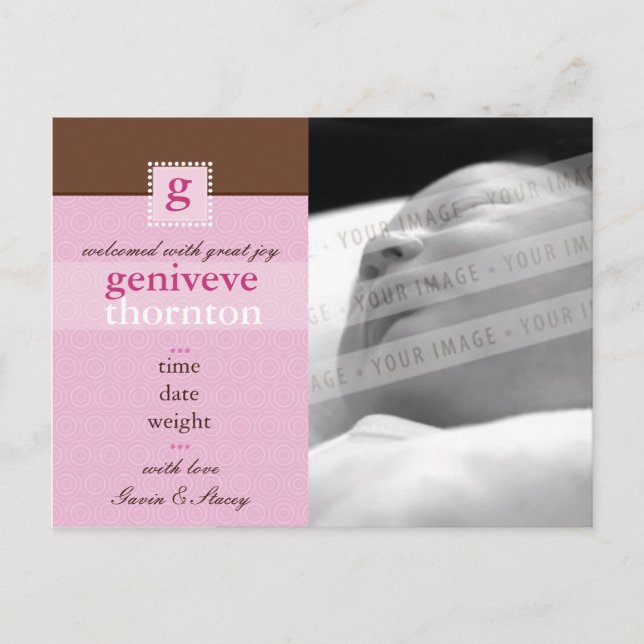 FÖDELSEMEDDELANDE :: monogram1 - flicka Meddelande Vykort (Framsida)