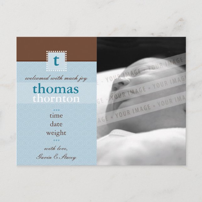 FÖDELSEMEDDELANDE :: monogram1 - pojke Meddelande Vykort (Framsida)