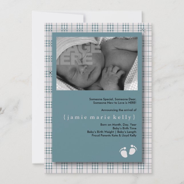 Födelsemeddelande om baby - Baby blue plantering Meddelande (Framsida)