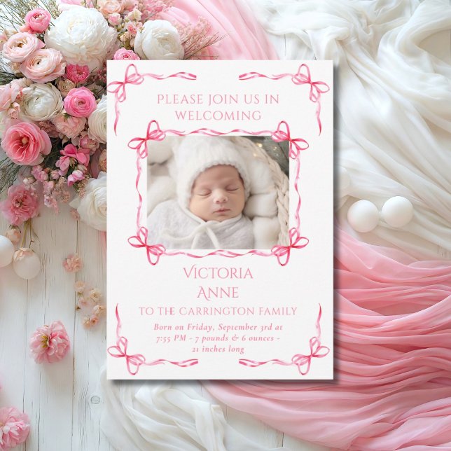 Födelsemeddelande om Bright Rosa Bows Baby Photo B Meddelande (Skapare uppladdad)