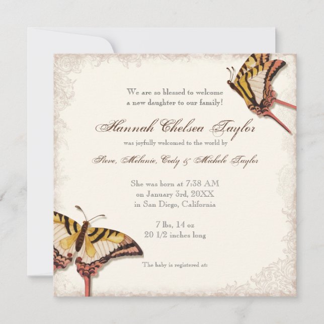 Födelsemeddelande om det antikade Victorian Ro Fli Meddelande (Framsida)