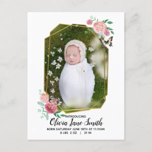 Födelsemeddelande om fjäril Blommigt Baby Meddelande Vykort